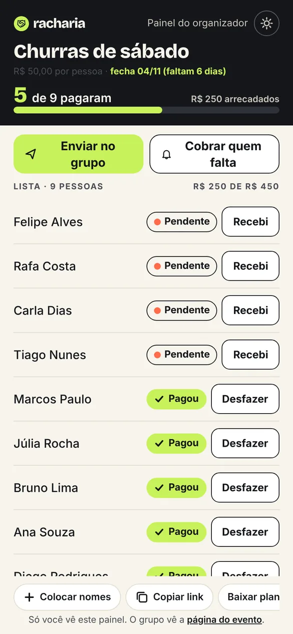 Painel do organizador com o placar e a lista